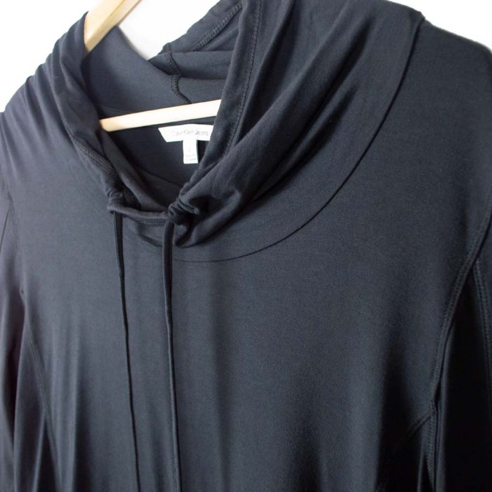 Calvin Klein Black High Low Drawstring Neck Long Sleeve Logo Trim Rayon Top NWOT - Picture 2 of 10